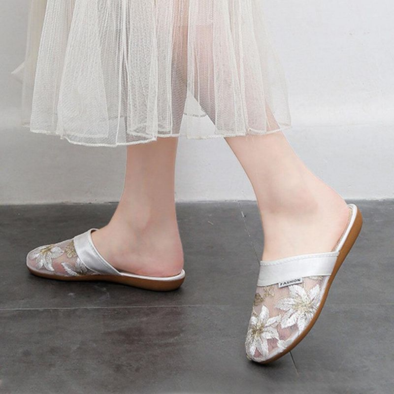 Kvinner Blomsterblomstermønster Hollow Out Comfy Closed Toe Casual Flat Slipper
