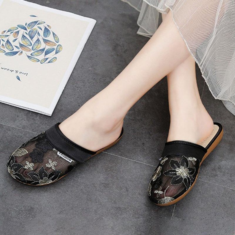 Kvinner Blomsterblomstermønster Hollow Out Comfy Closed Toe Casual Flat Slipper