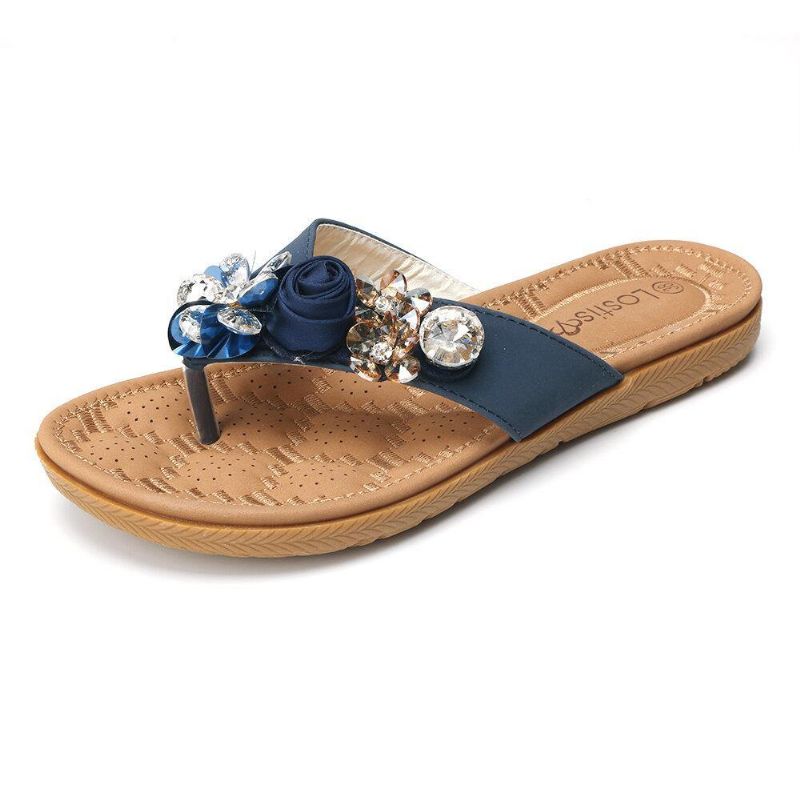 Kvinner Strandblomster Rhinestone Clip Toe Tøfler