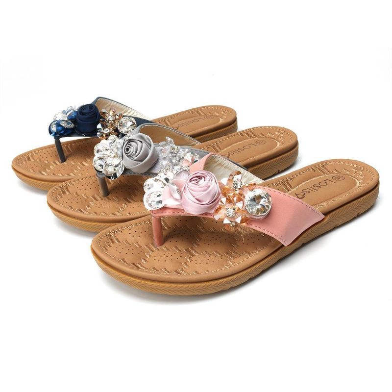 Kvinner Strandblomster Rhinestone Clip Toe Tøfler