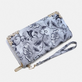 Kvinner Pu-Skinn Blomsterbroderimønster Clutch-Lommebok Med Stor Kapasitet Kortholder