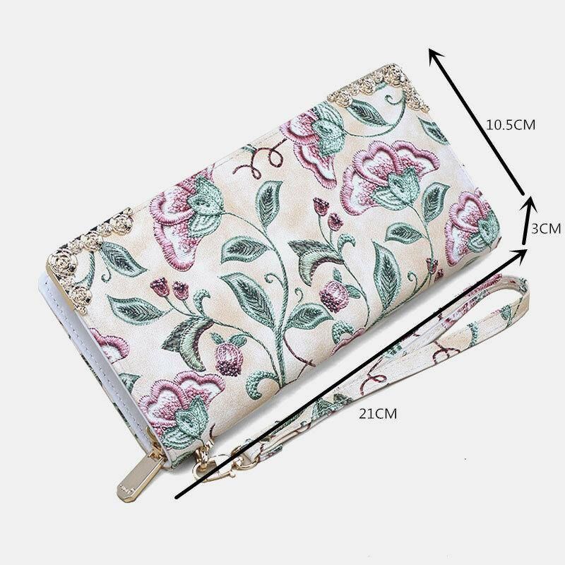 Kvinner Pu-Skinn Blomsterbroderimønster Clutch-Lommebok Med Stor Kapasitet Kortholder