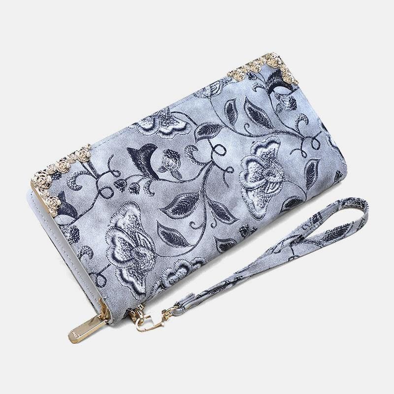 Kvinner Pu-Skinn Blomsterbroderimønster Clutch-Lommebok Med Stor Kapasitet Kortholder