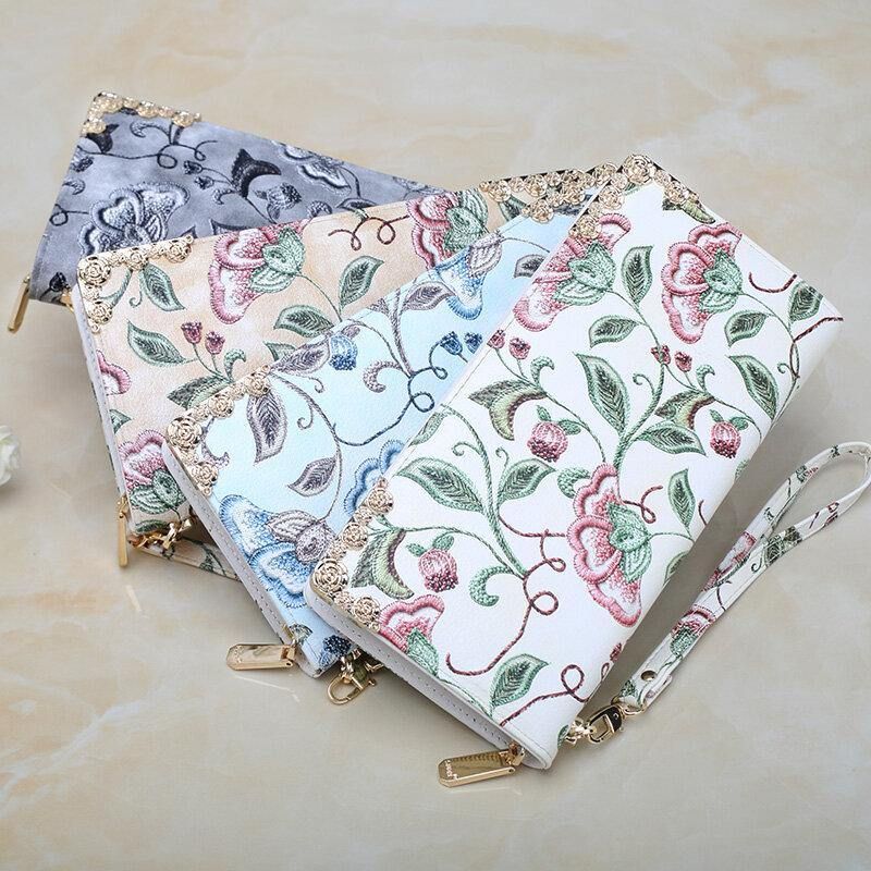 Kvinner Pu-Skinn Blomsterbroderimønster Clutch-Lommebok Med Stor Kapasitet Kortholder