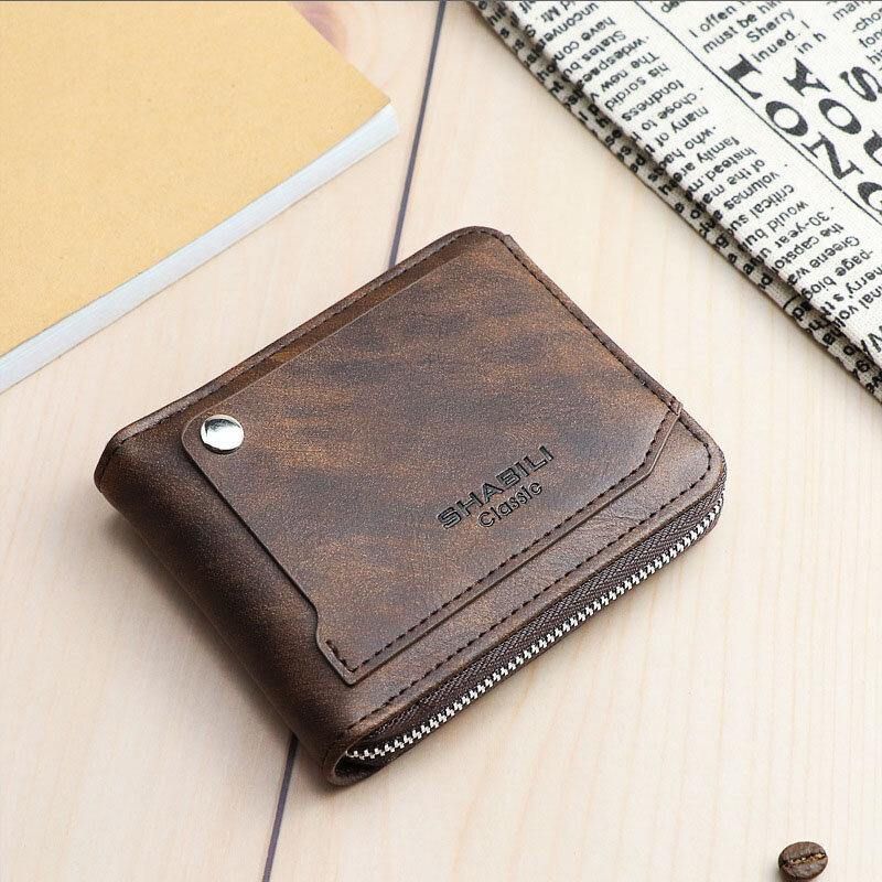 Menn Faux Leather Retro Classical Draw Card Slot Bifold Zipepr Kortholder Lommebok