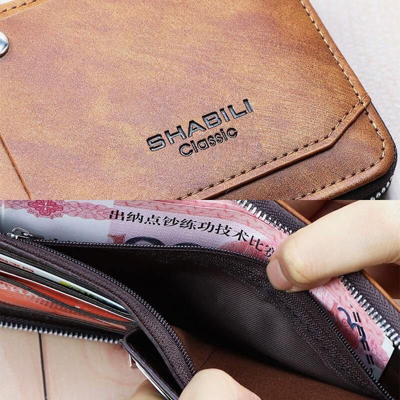 Menn Faux Leather Retro Classical Draw Card Slot Bifold Zipepr Kortholder Lommebok