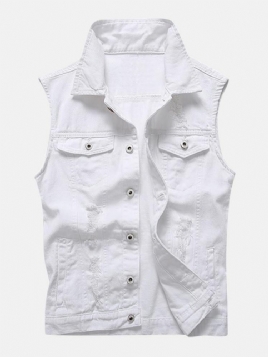 Casual Holes Pocket White Denim Vester