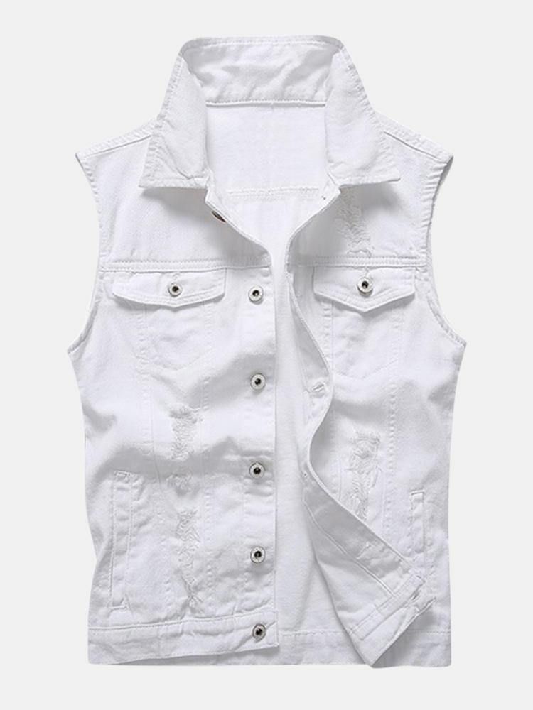 Casual Holes Pocket White Denim Vester