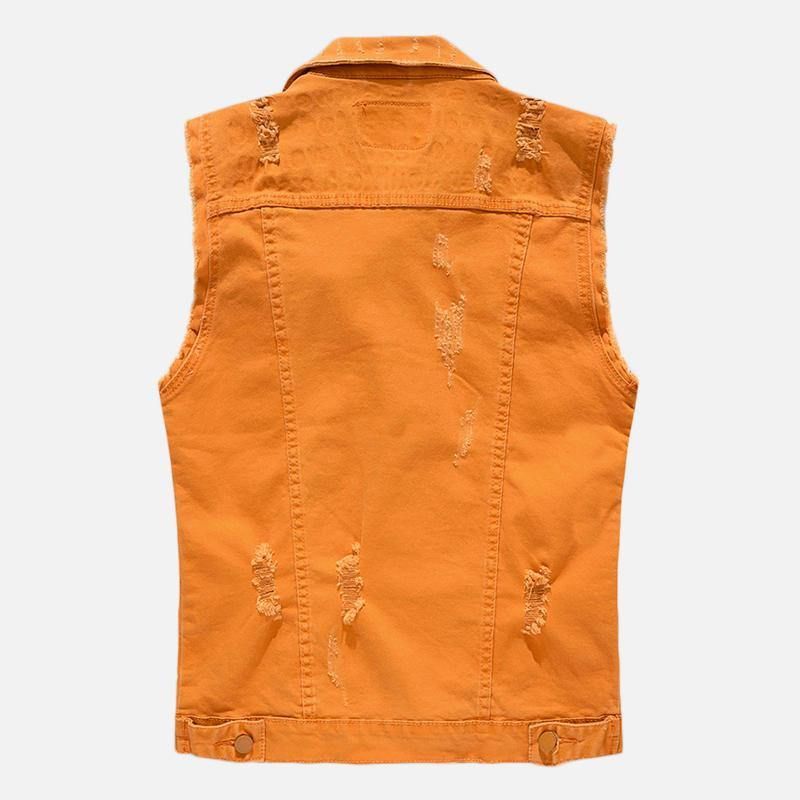 Herre Pocket Ripped Jean Vest Ermeløs Denimjakke