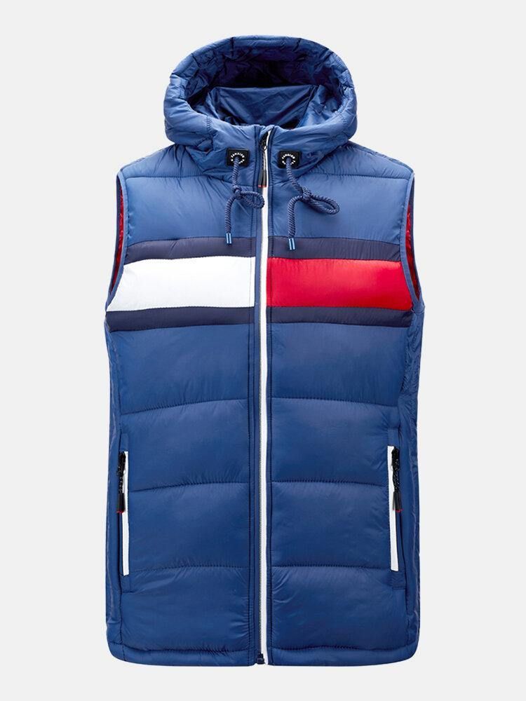 Menns Blokk Patchwork Ermeløs Glidelås Lomme Hette Polstret Gilet Vest