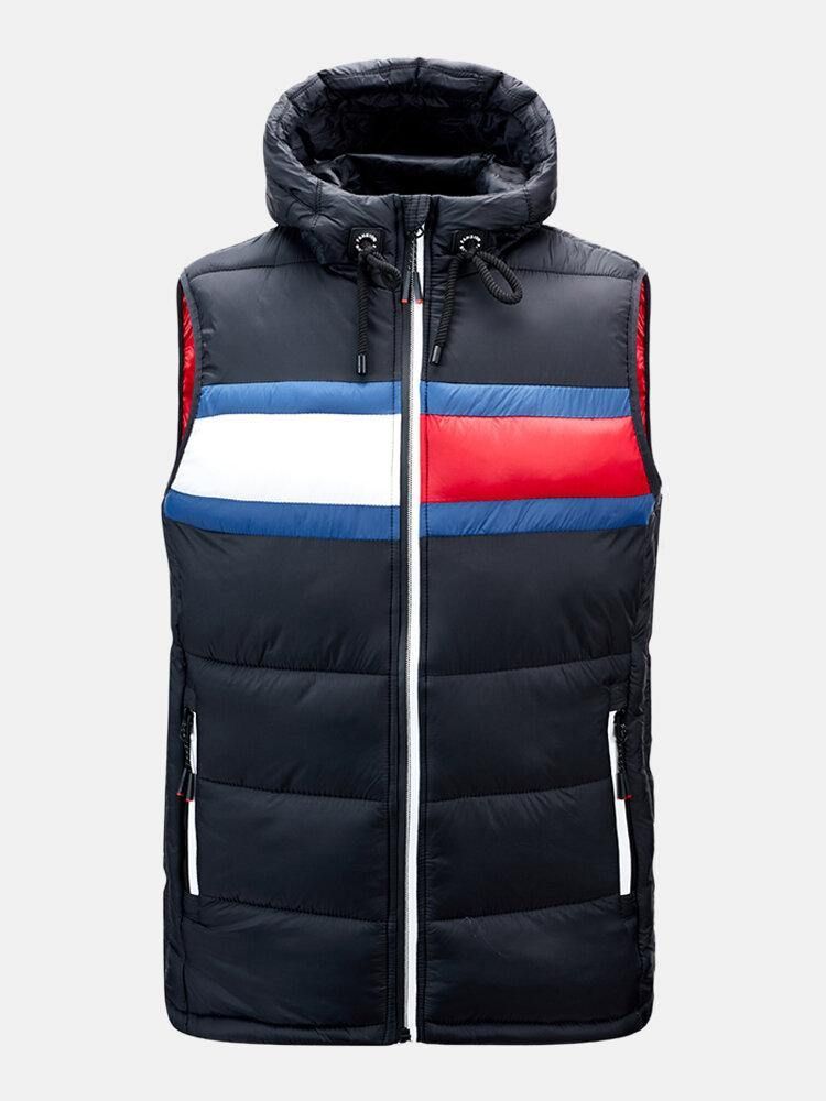 Menns Blokk Patchwork Ermeløs Glidelås Lomme Hette Polstret Gilet Vest