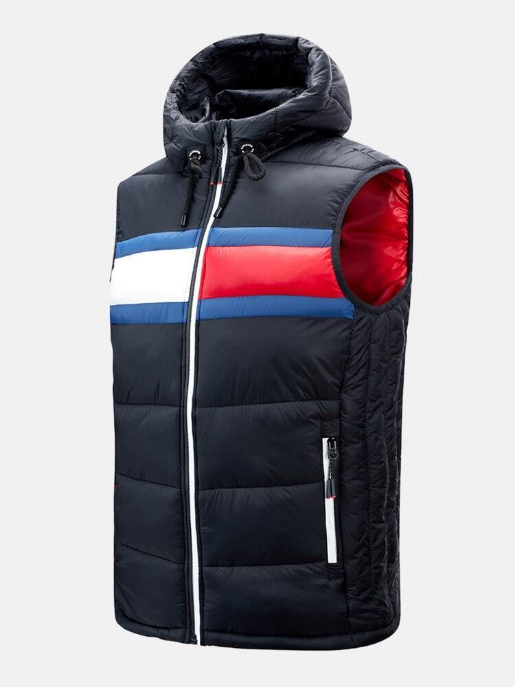 Menns Blokk Patchwork Ermeløs Glidelås Lomme Hette Polstret Gilet Vest