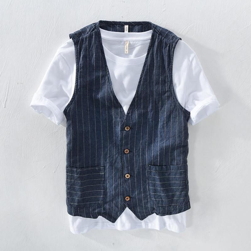 Retro Stripet Lin V-Hals Vest For Menn