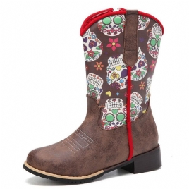 Kvinner Retro Flower Printing Spiss Toe Glidelås Mid-Calf Cowboy Boots