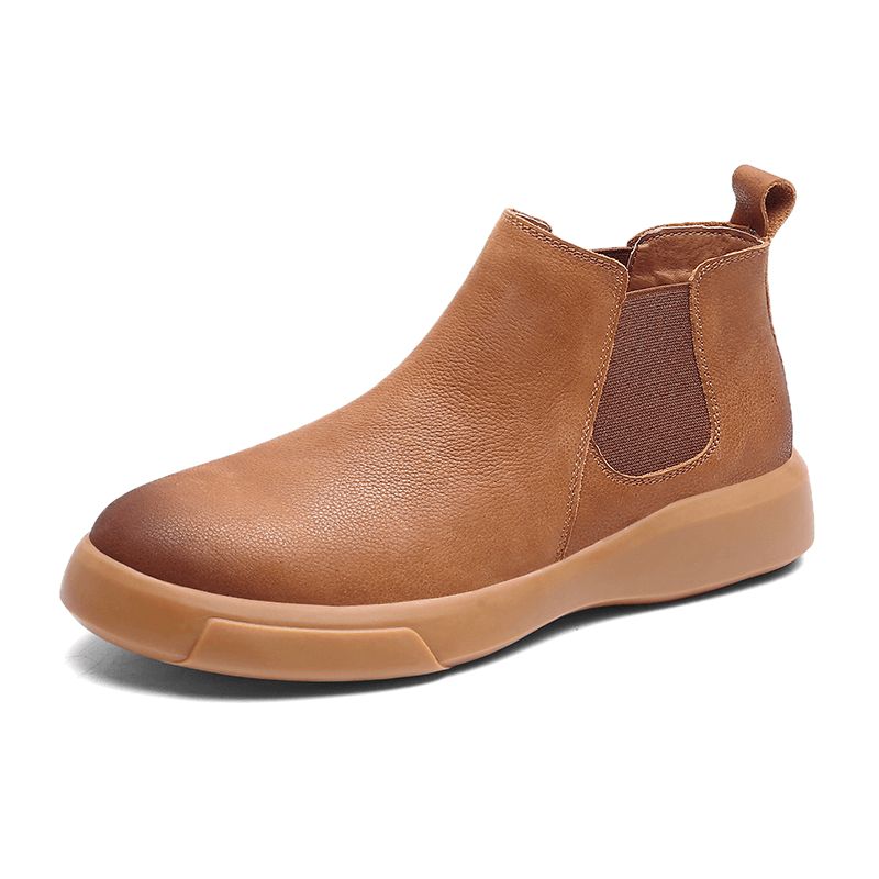 Menn Comfy Cowhide Leather Sklisikker Elastisk Slip On Casual Chelsea Boots