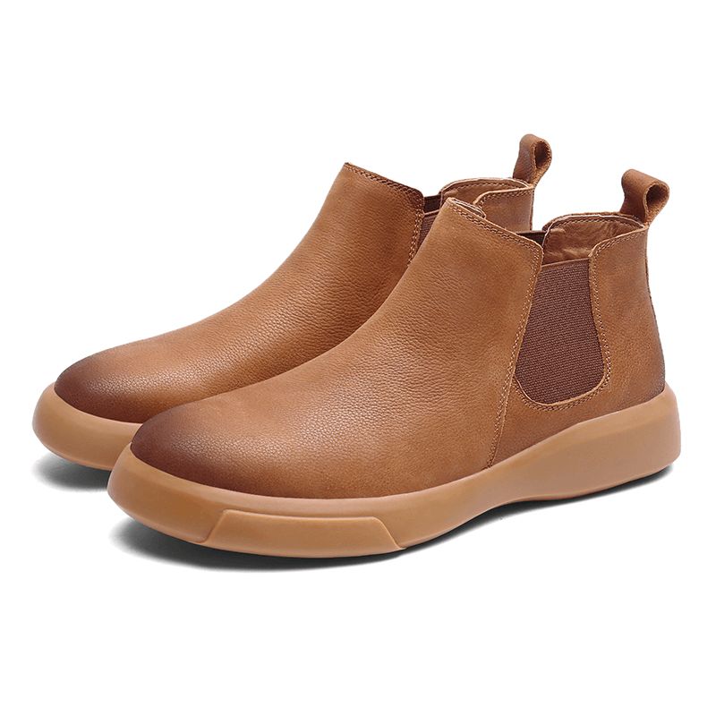 Menn Comfy Cowhide Leather Sklisikker Elastisk Slip On Casual Chelsea Boots