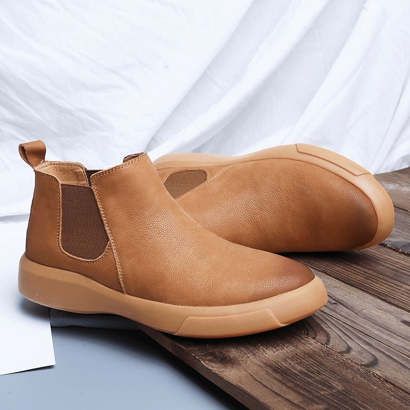 Menn Comfy Cowhide Leather Sklisikker Elastisk Slip On Casual Chelsea Boots