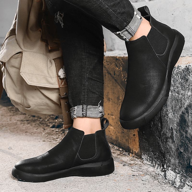 Menn Comfy Cowhide Leather Sklisikker Elastisk Slip On Casual Chelsea Boots