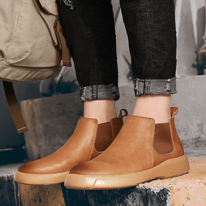 Menn Comfy Cowhide Leather Sklisikker Elastisk Slip On Casual Chelsea Boots