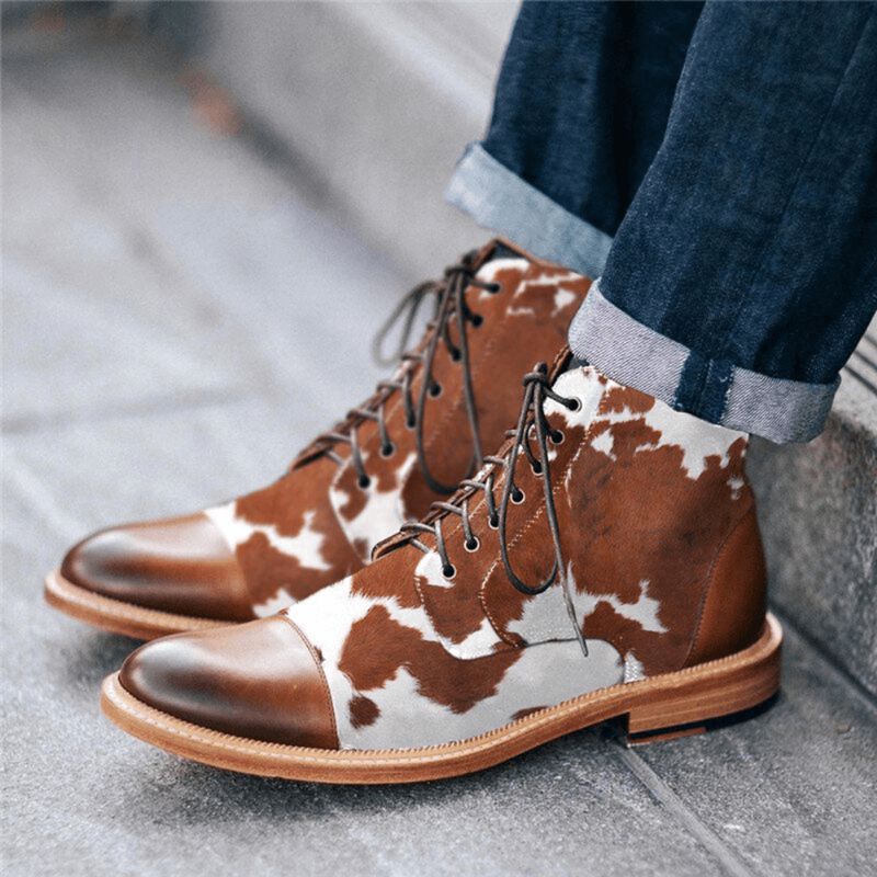 Menn Cow Spot Printed Cap Toe Comfy Ankel Jack Boots