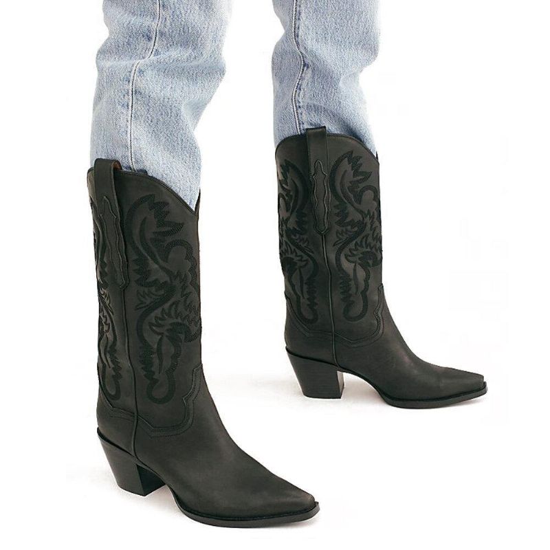 Plus Size Retro Dame Floral Chunky Heel Mid-Calf Cowboy Boots