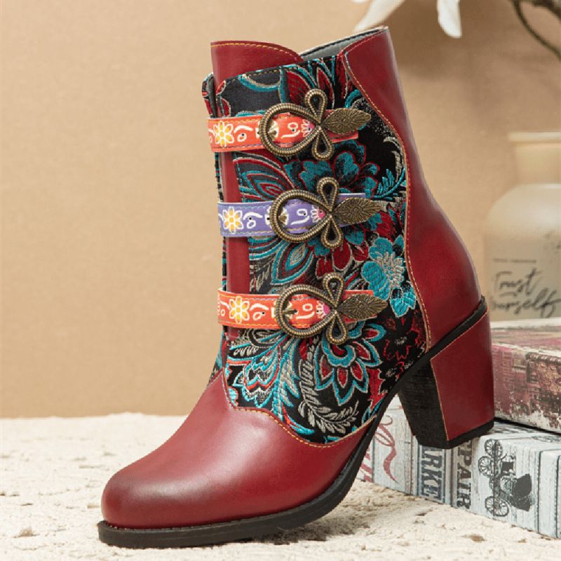 Retro Blomster Klutsøm Metallspenne Dekor Varmfôret Bærbare Chunky Heel Short Boots