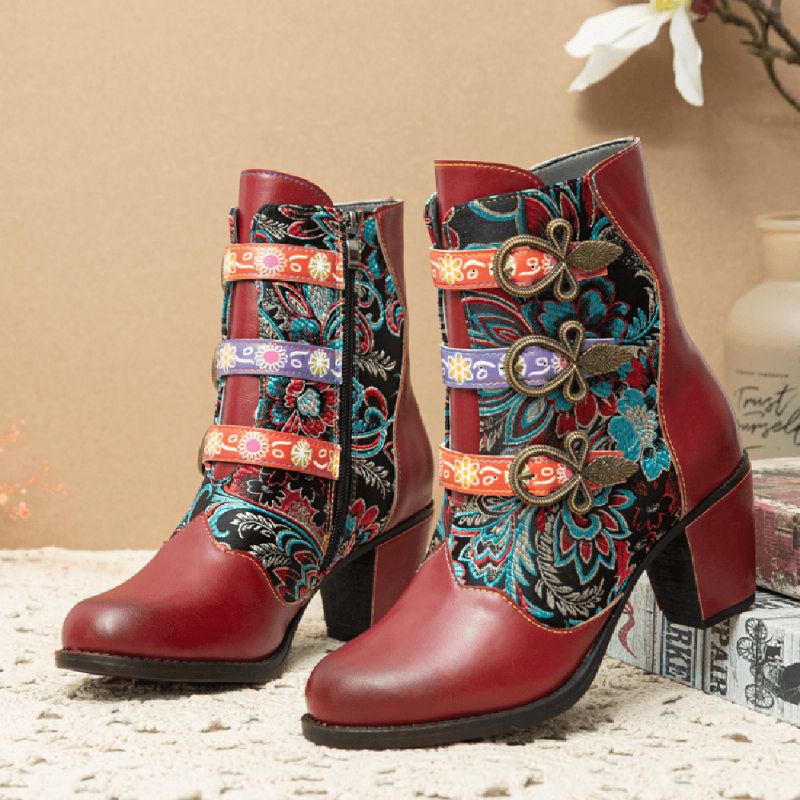 Retro Blomster Klutsøm Metallspenne Dekor Varmfôret Bærbare Chunky Heel Short Boots