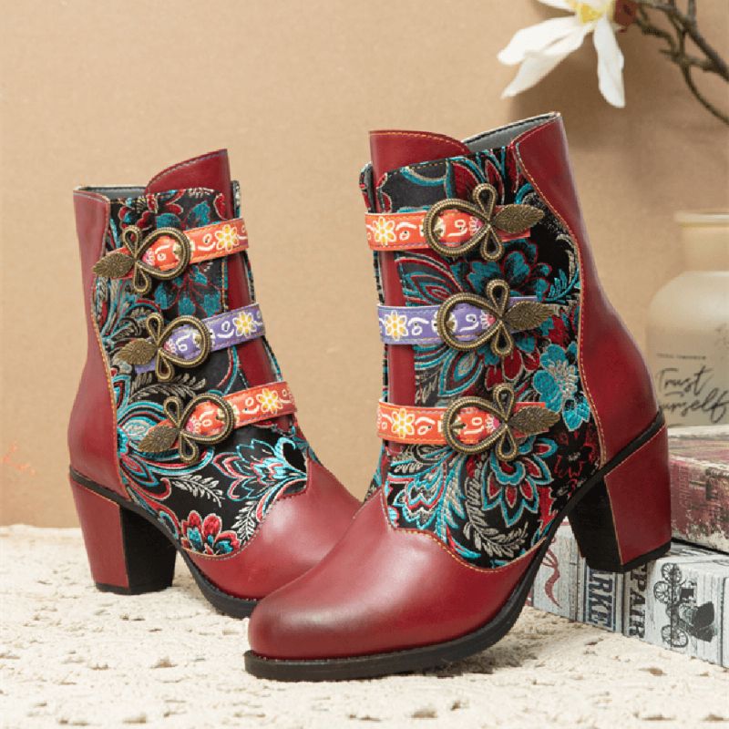 Retro Blomster Klutsøm Metallspenne Dekor Varmfôret Bærbare Chunky Heel Short Boots