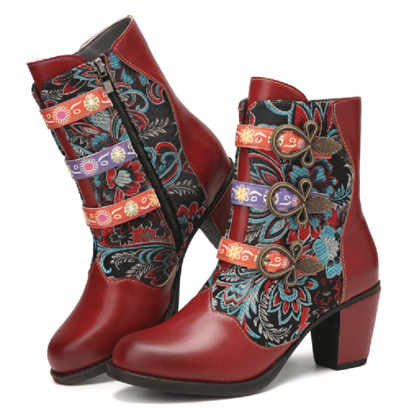 Retro Blomster Klutsøm Metallspenne Dekor Varmfôret Bærbare Chunky Heel Short Boots