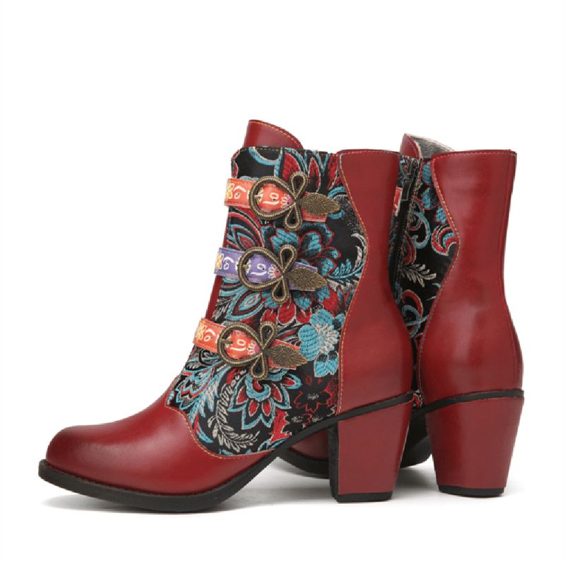 Retro Blomster Klutsøm Metallspenne Dekor Varmfôret Bærbare Chunky Heel Short Boots