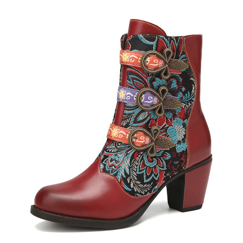 Retro Blomster Klutsøm Metallspenne Dekor Varmfôret Bærbare Chunky Heel Short Boots