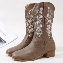 Retro Flowers Square Toe Slip On Mid-Calf Block Heel Cowboy Boots For Kvinner