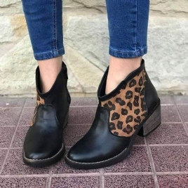 Uformell Skjøting Leopard Sideglidelås Chunky Heel Cowboy Ankelstøvler For Kvinner