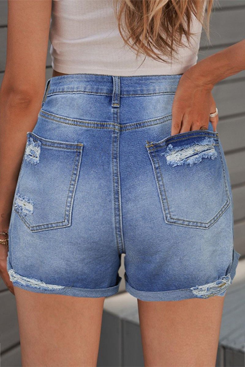 Brettet Hem Ripped Denim Shorts