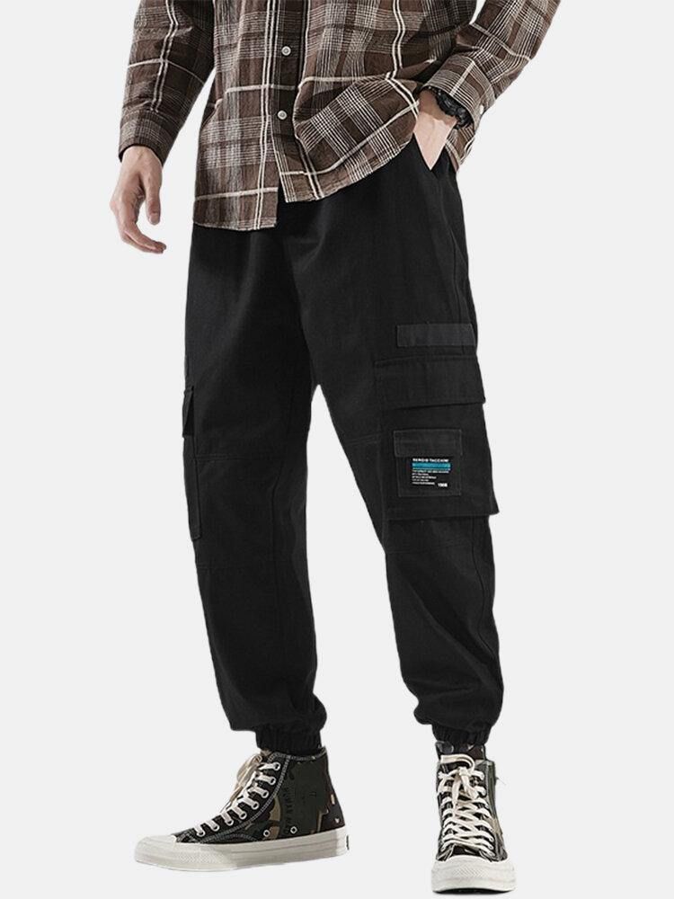 Herre Multi Pocket Applique Elastisk Ankel Snøring Cargo Jogger Pants