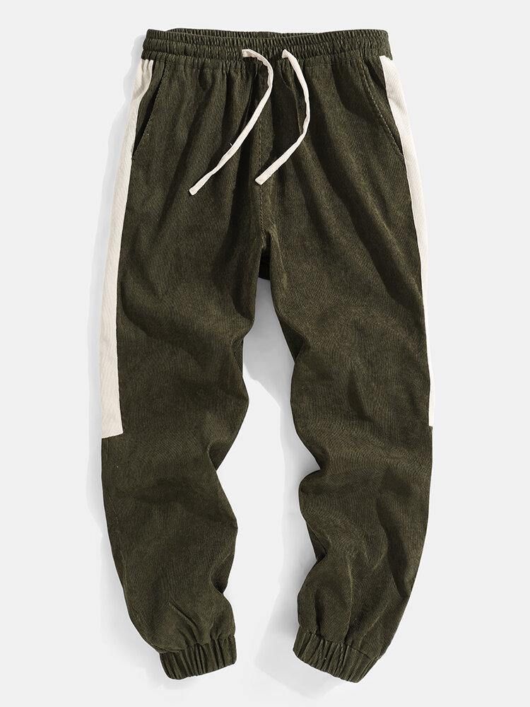 Menns Corduroy Side Stripe Casual Joggerbukser Med Snøring