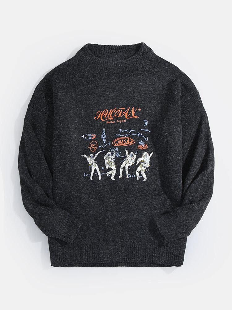 Astronaut Brevtrykk For Menn Med Rund Hals Strikkede Uformelle Pullover-Gensere