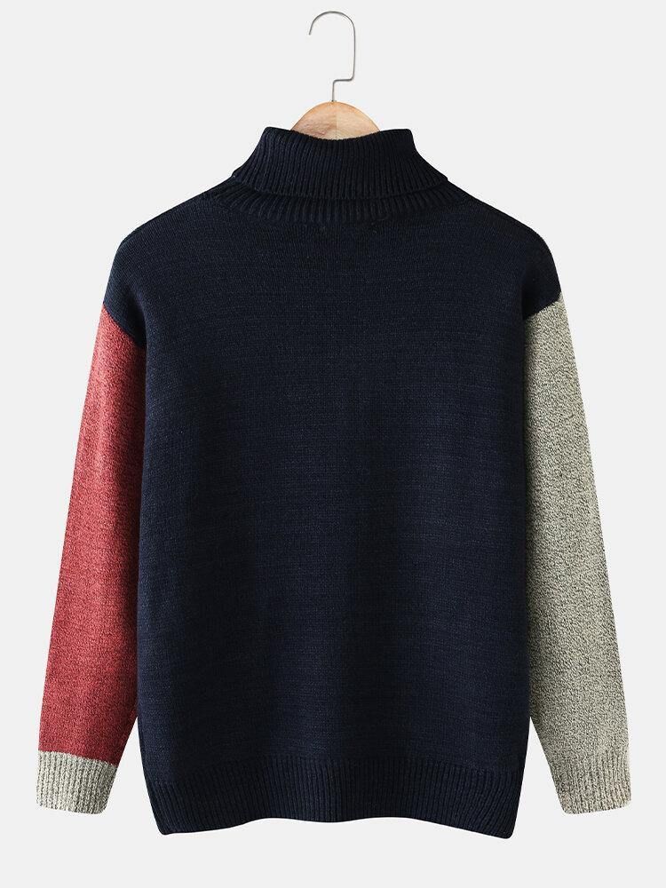 Menns Fargeblokk Turtleneck Strikket Rib Casual Pullover Gensere