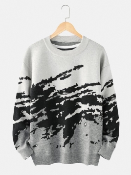 Menns Ribbestrikkede Mønster Drop Shoulder Casual Pullover-Gensere