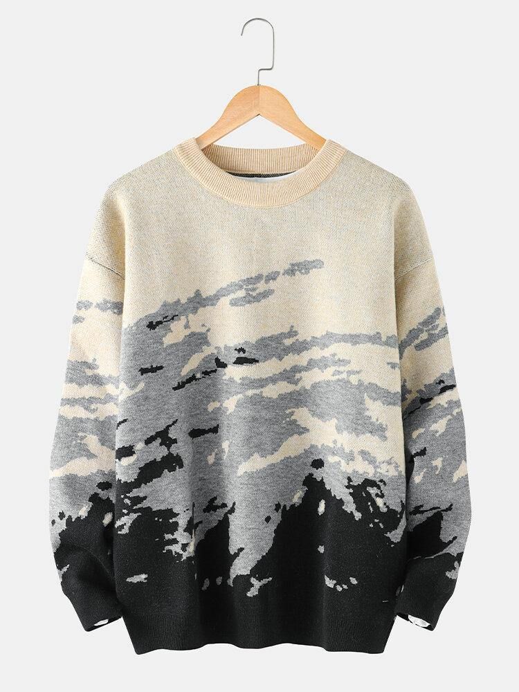 Menns Ribbestrikkede Mønster Drop Shoulder Casual Pullover-Gensere