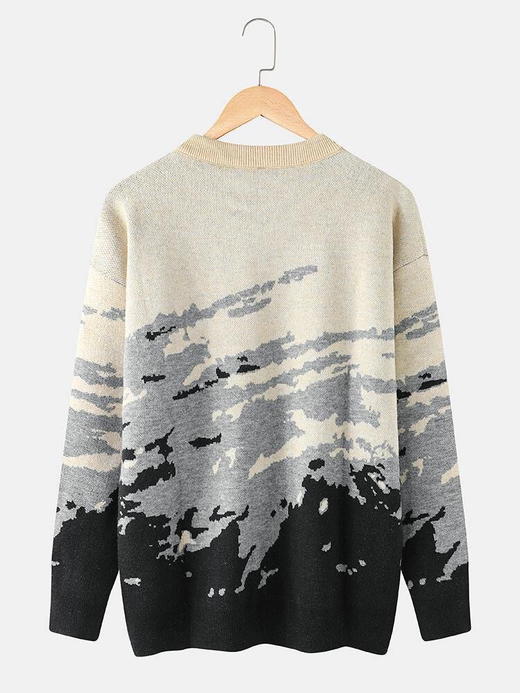 Menns Ribbestrikkede Mønster Drop Shoulder Casual Pullover-Gensere