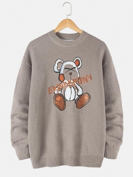 Menns Tegneserie Bear Letter Print Crew Neck Strikket Pullover Gensere