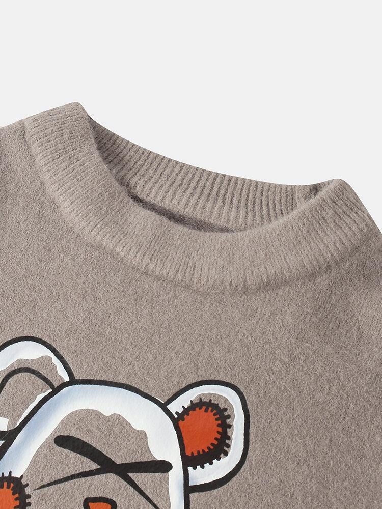 Menns Tegneserie Bear Letter Print Crew Neck Strikket Pullover Gensere