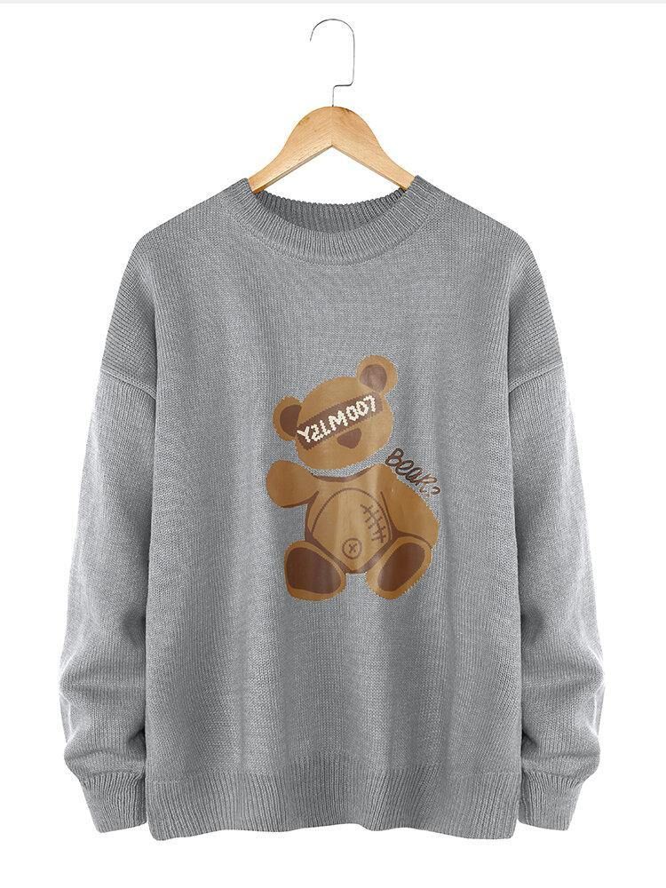 Menns Tegneserie Bjørn Print Crew Neck Strikke Casual Pullover Gensere