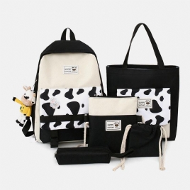 5 Stk Canvas Preppy Cow Pattern Multifunksjon Combination Bag Ryggsekk Tote Crossbody Bag Clutch Lommebok