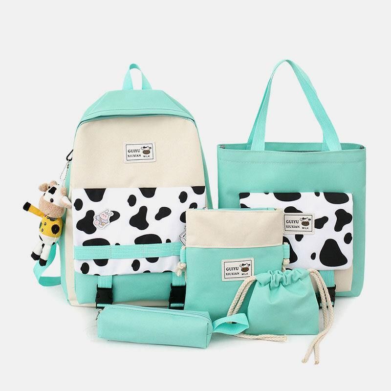 5 Stk Canvas Preppy Cow Pattern Multifunksjon Combination Bag Ryggsekk Tote Crossbody Bag Clutch Lommebok