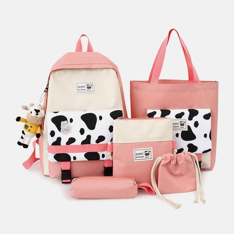 5 Stk Canvas Preppy Cow Pattern Multifunksjon Combination Bag Ryggsekk Tote Crossbody Bag Clutch Lommebok