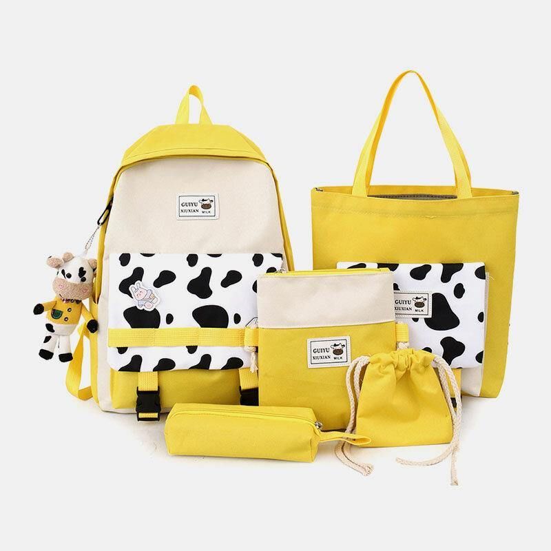 5 Stk Canvas Preppy Cow Pattern Multifunksjon Combination Bag Ryggsekk Tote Crossbody Bag Clutch Lommebok