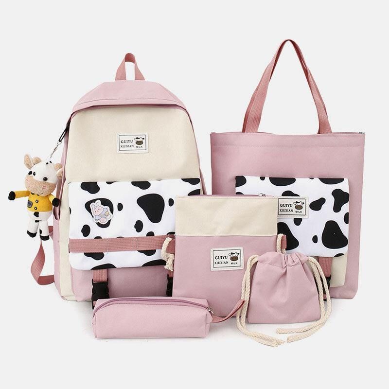 5 Stk Canvas Preppy Cow Pattern Multifunksjon Combination Bag Ryggsekk Tote Crossbody Bag Clutch Lommebok