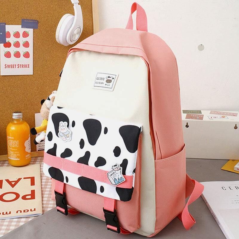 5 Stk Canvas Preppy Cow Pattern Multifunksjon Combination Bag Ryggsekk Tote Crossbody Bag Clutch Lommebok